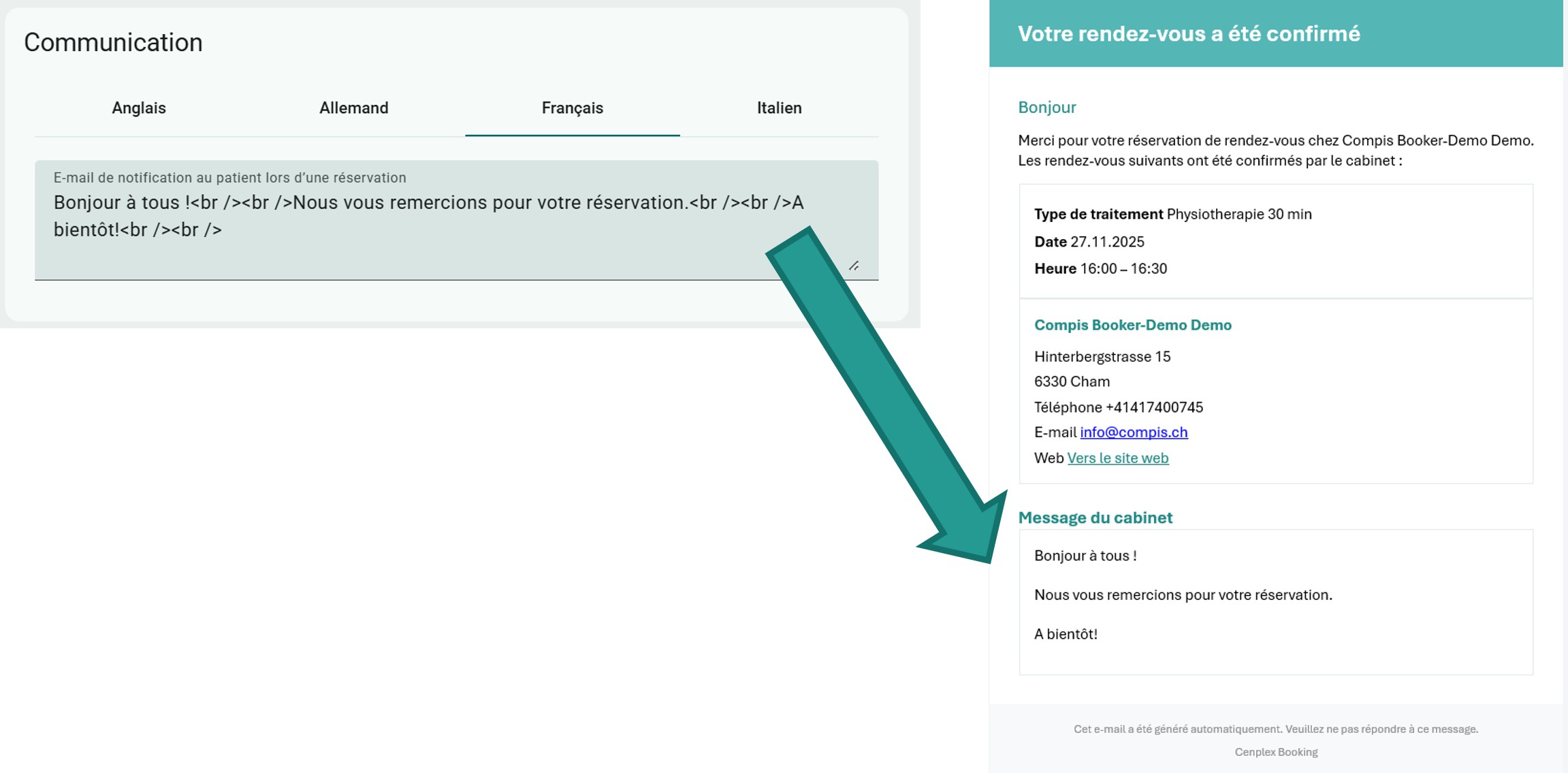 Message de r&eacute;servation