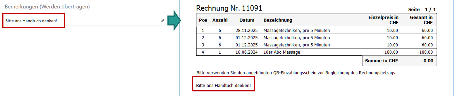 Bemerkung auf Abrechnung