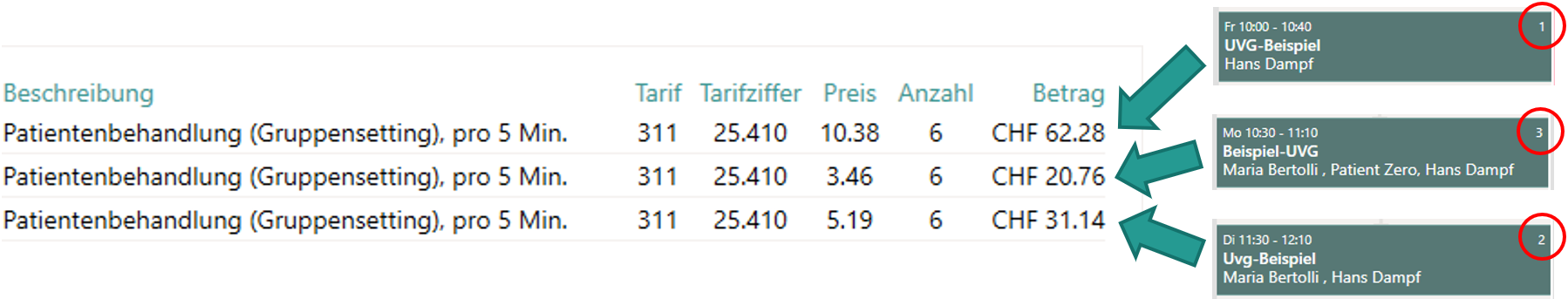Beispiel f&uuml;r Abrechnung von Gruppenterminen