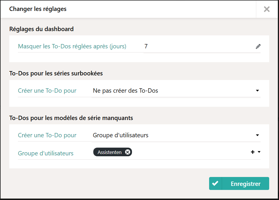 Réglage du Dashboard