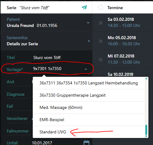 Serienvorlage wechseln