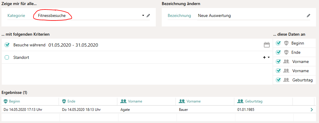 Auswertung f&uuml;r Fitnessbesuche