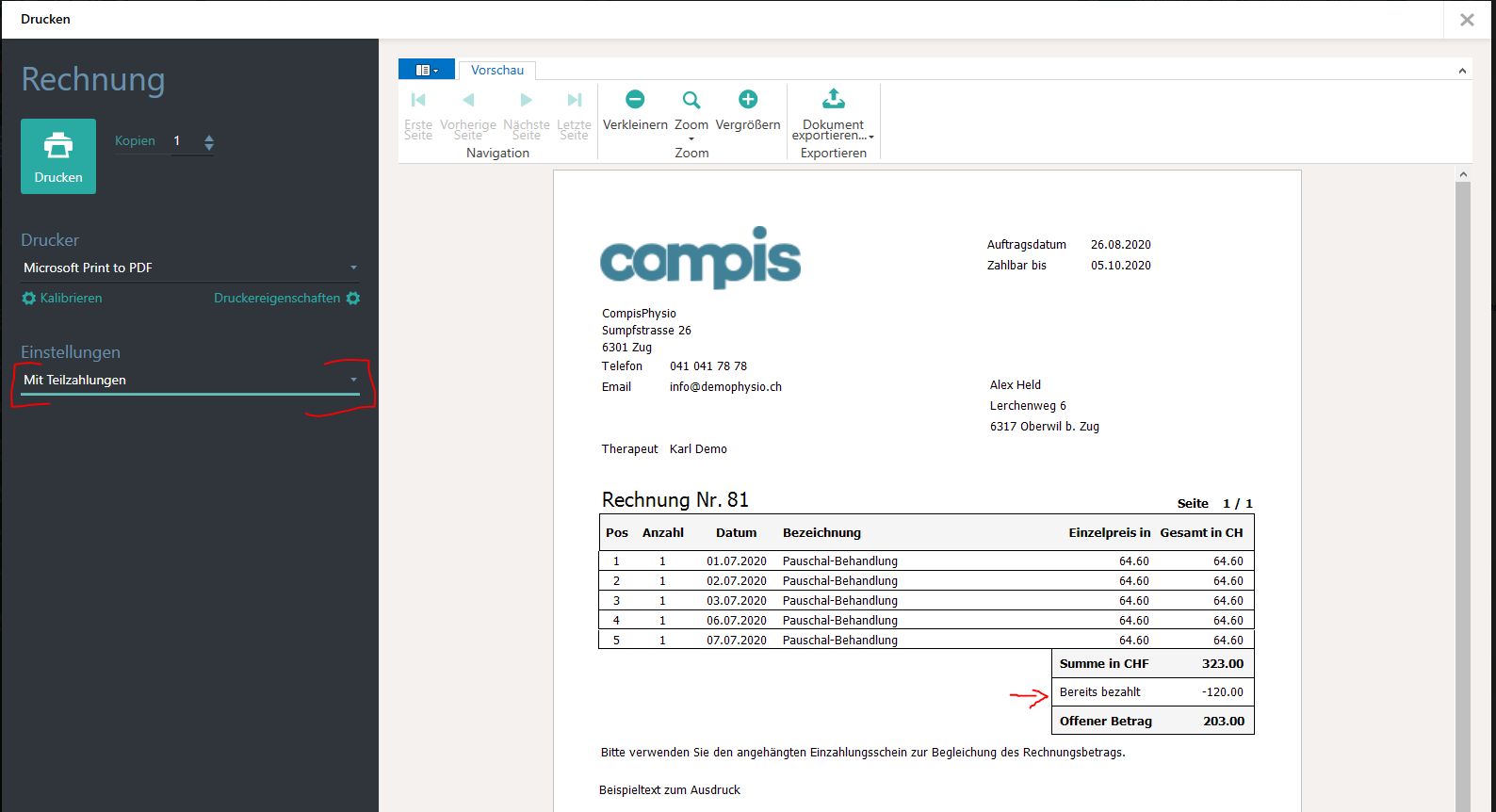 Impression de factures avec paiement partiel