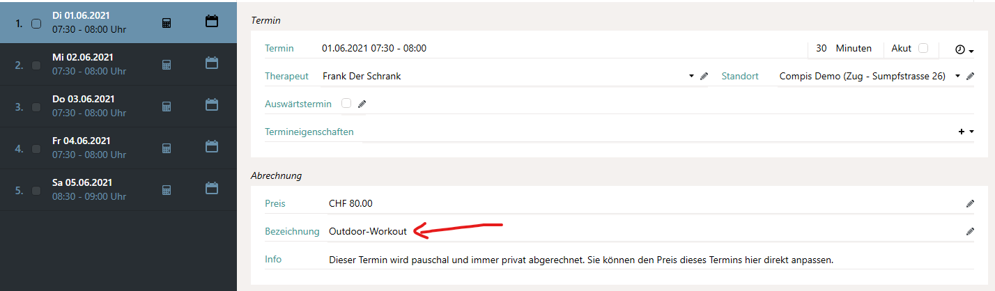 Bezeichnung f&uuml;r Pauschaltermine