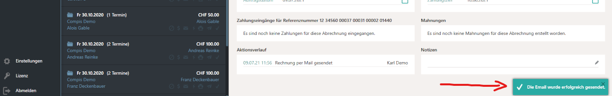 Email-Erfolgsmeldung