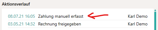 Zahlungsereignisse im Aktionslog