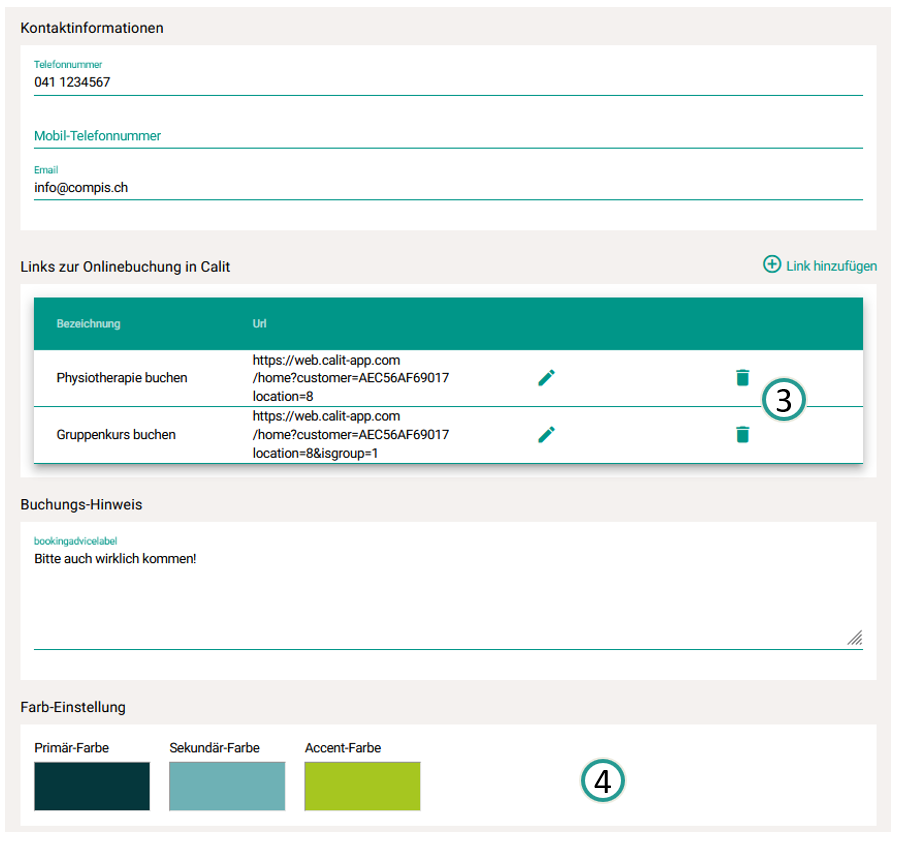 Link und Farbeinstellung Calit Web
