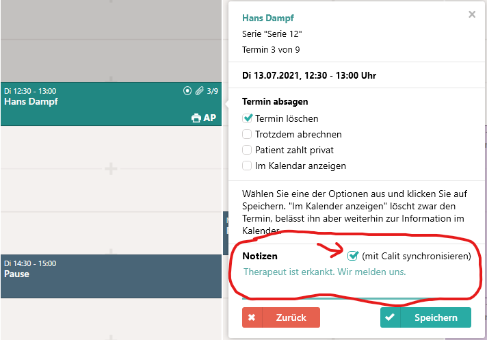 Terminabsage mit Notiz