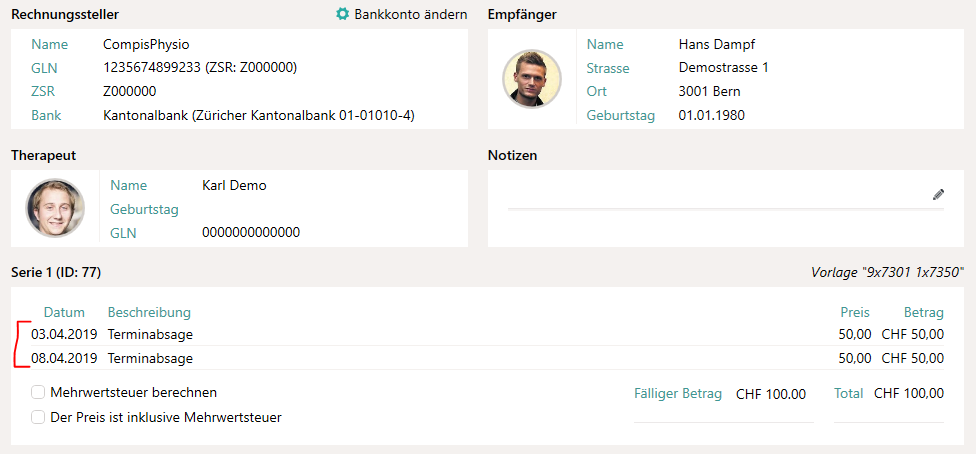 Abrechnung f&uuml;r abgesagte Termine
