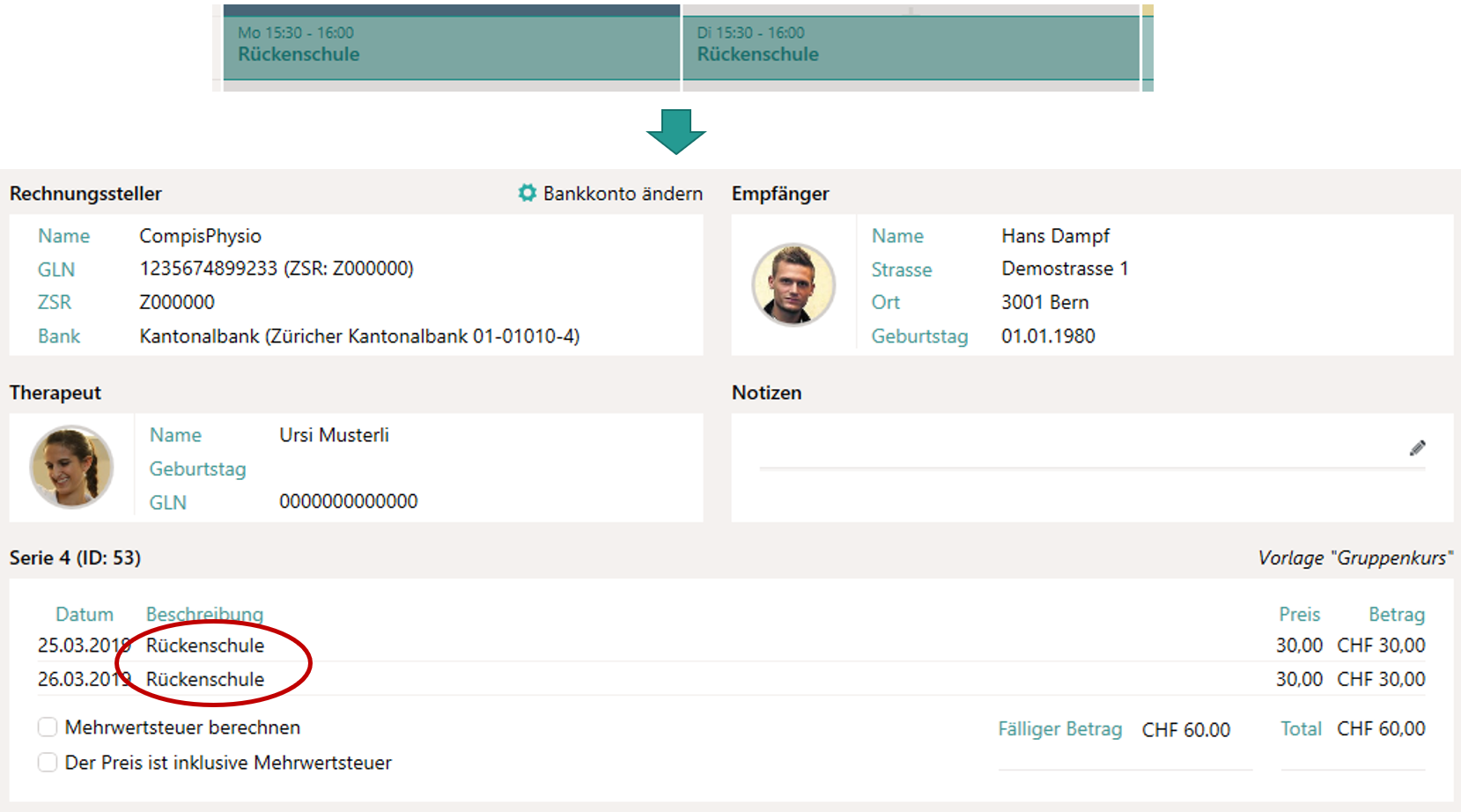 Abrechnungspositionen f&uuml;r Grupppenkurse