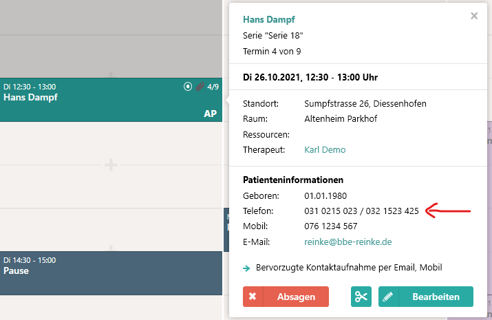 Telefonnummern des Patienten