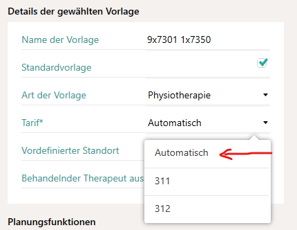 Tarif festlegen in der Serienvorlage