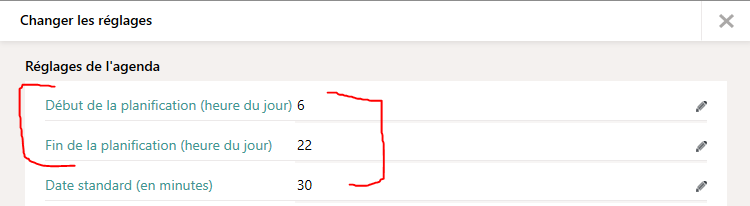 R&eacute;glages de l'agenda